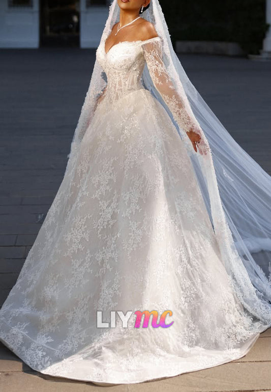 Off-the-Shoulder Lace Ball Gown Wedding Dress