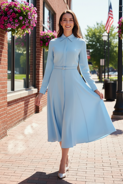 Belted Long-Sleeve Midi Shirt Dress