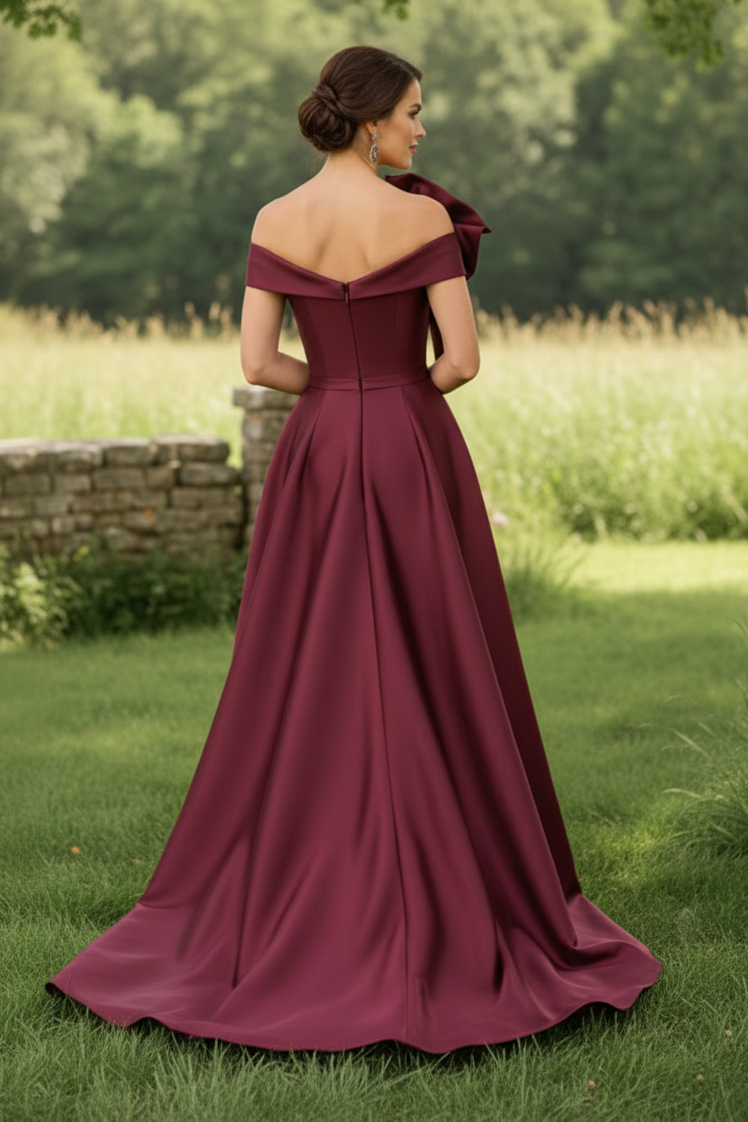 One-Shoulder Bow Satin Dress with Overskirt