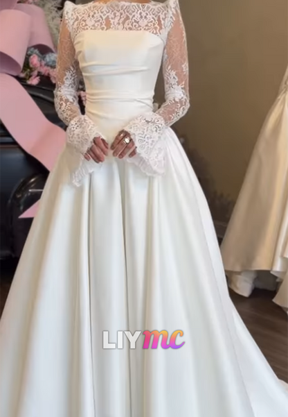 Long-Sleeve Lace A-Line Wedding Dress with Satin Skirt