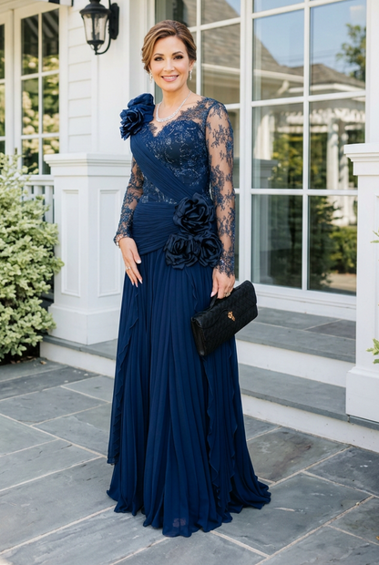 Lace & Ruched Evening Gown with 3D Rosettes