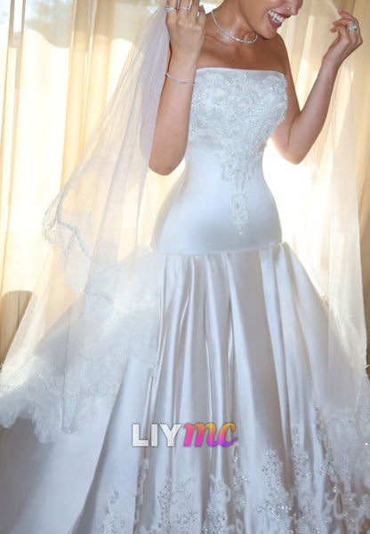 Strapless Beaded Satin Ball Gown Wedding Dress