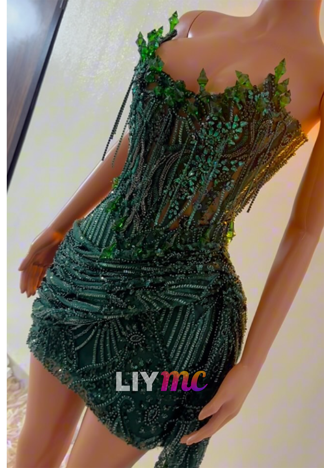 Beaded Corset Mini Dress with Crystal Neckline