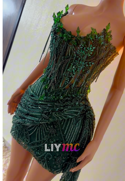 Beaded Corset Mini Dress with Crystal Neckline