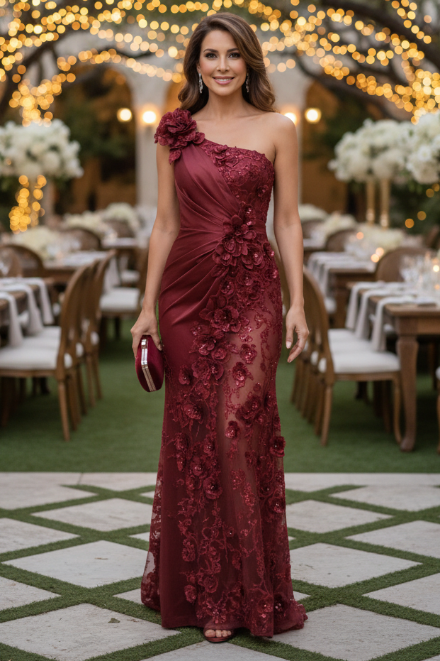 One-Shoulder 3D Floral Sequin Evening Gown