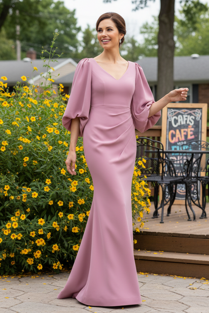 V-Neck Crepe Trumpet Gown with Puff Sleeves