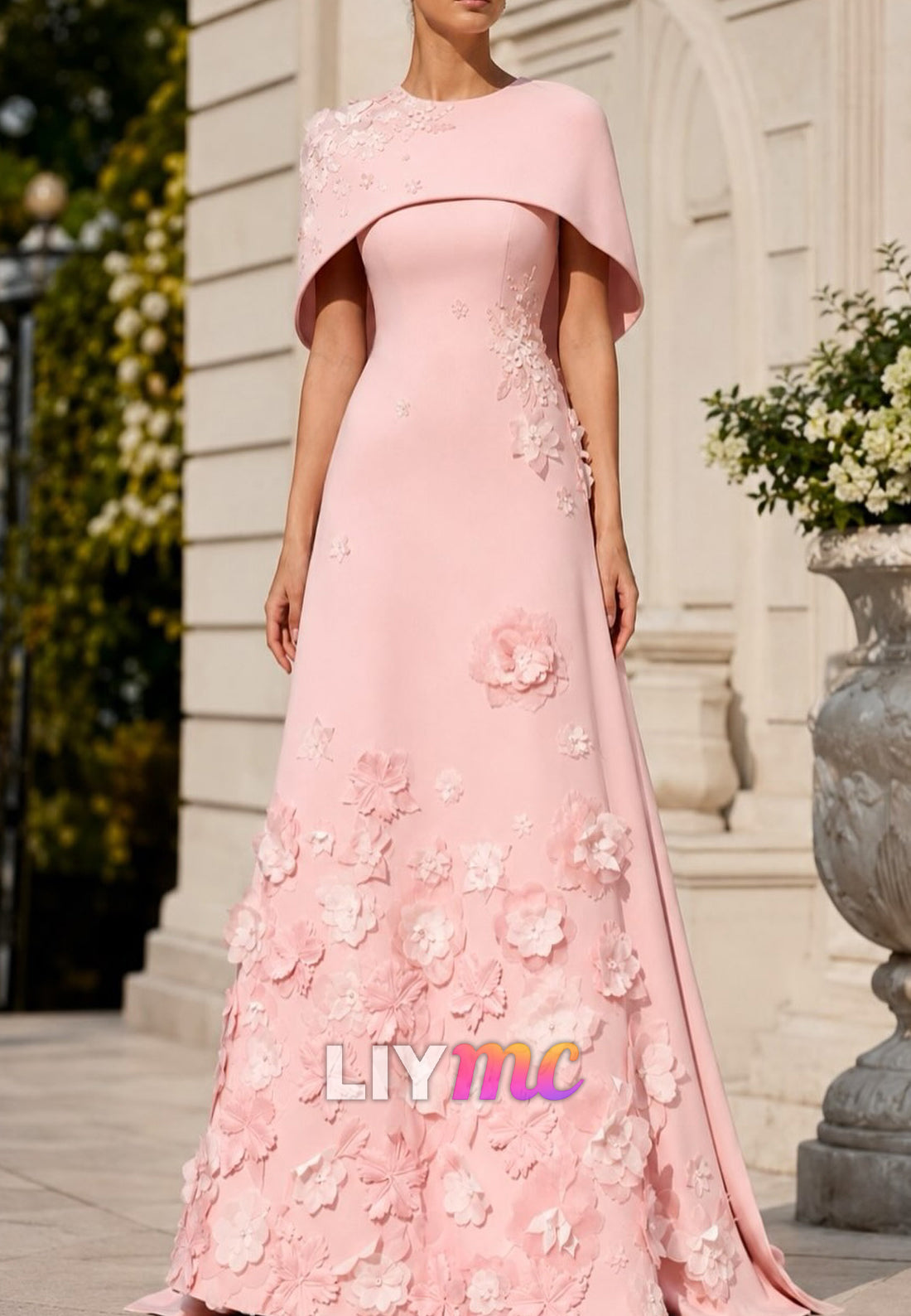 3D Floral Applique Cape Sleeve A-Line Evening Gown