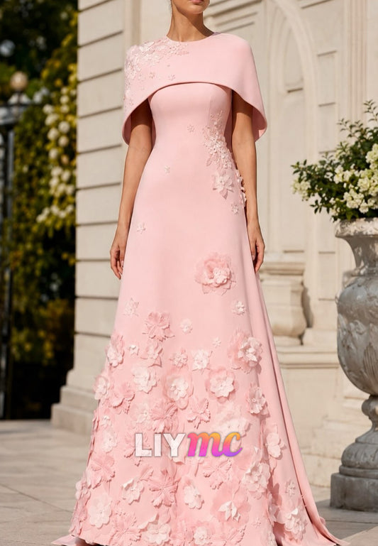 3D Floral Applique Cape Sleeve A-Line Evening Gown