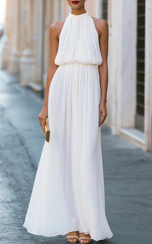Halter High Neck Pleated Chiffon Maxi Dress