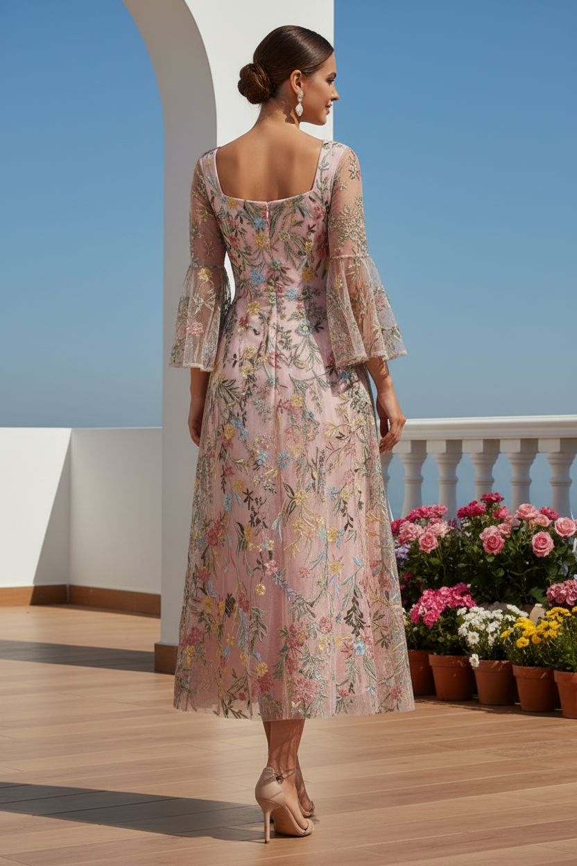Floral Embroidered Bell Sleeve A-Line Dress