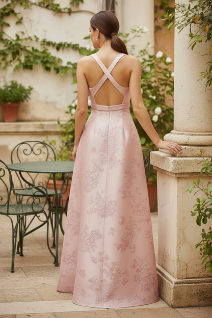 Floral Jacquard Column Gown with Bow Detail