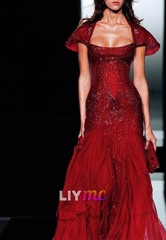 Beaded Cap Sleeve Mermaid Evening Gown