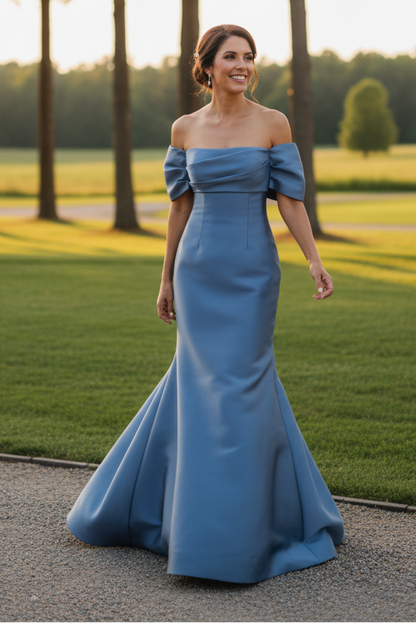 Off-the-Shoulder A-Line Evening Gown with Pleats