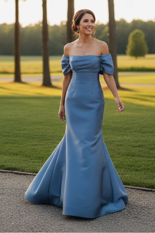 Off-the-Shoulder A-Line Evening Gown with Pleats