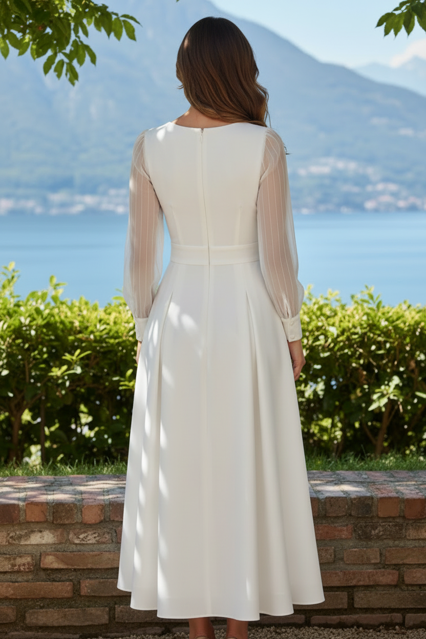 Plunging V-Neck Pleated Midi Dress with Sheer Sleeves