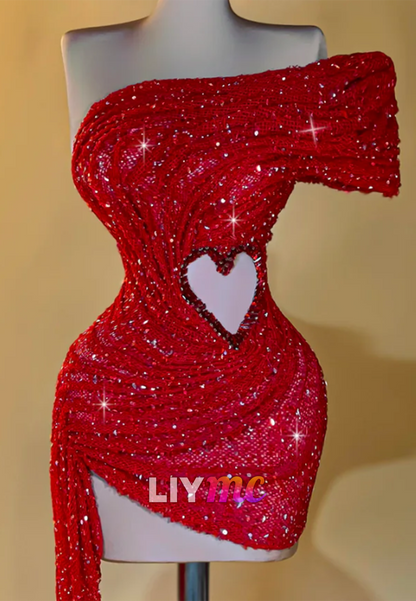 One-Shoulder Heart Cut-Out Sequin Mini Dress