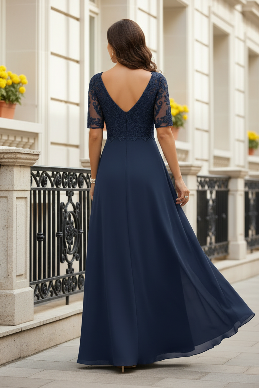 Lace Chiffon A-Line Evening Gown with Cascading Ruffle