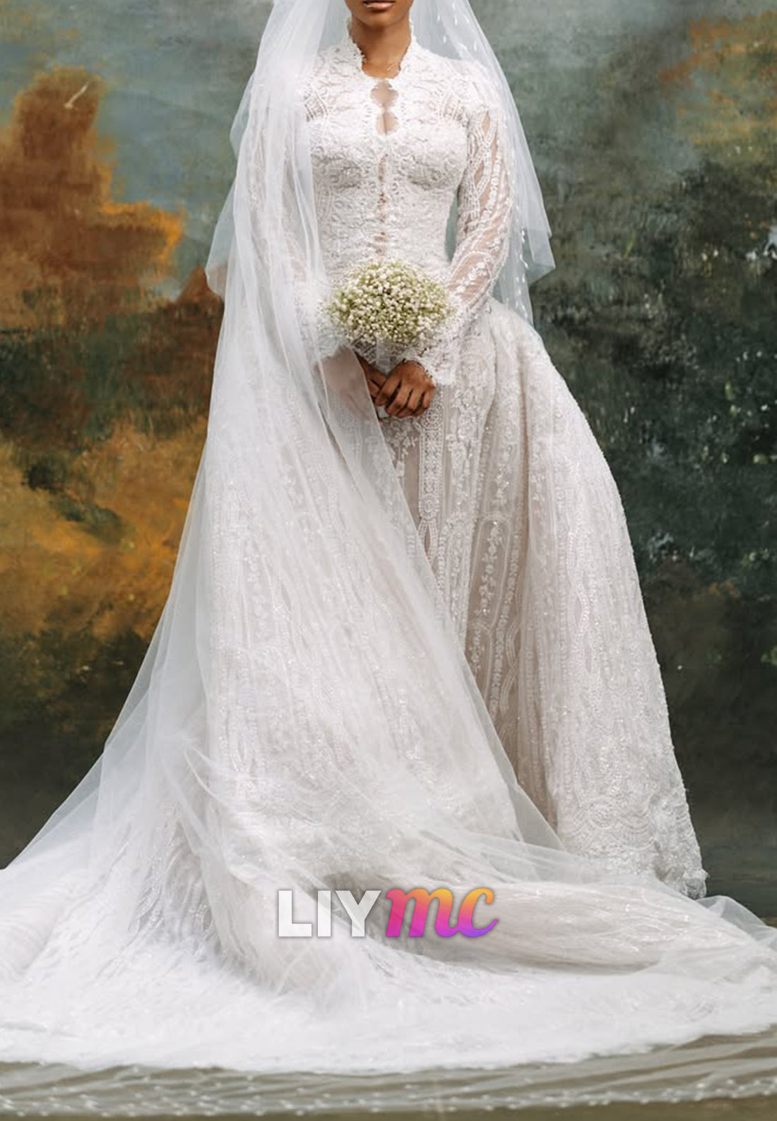High Neck Beaded Lace Mermaid Wedding Dress