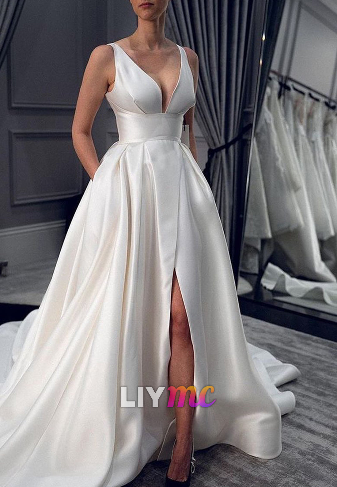 Deep V-Neck Satin Ball Gown with Front Slit