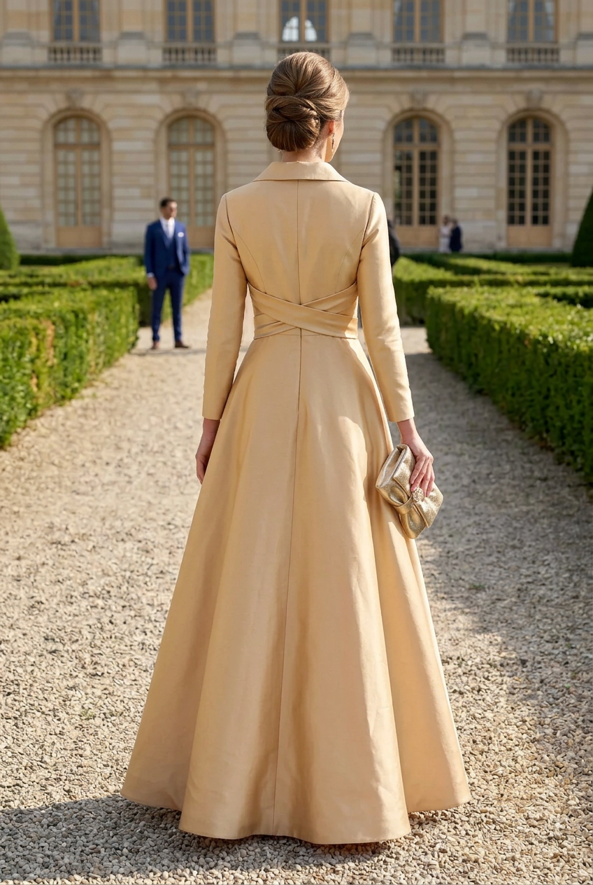 Long Sleeve Satin A-Line Gown with Lapel Collar