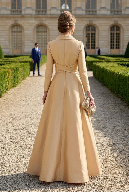 Long Sleeve Satin A-Line Gown with Lapel Collar