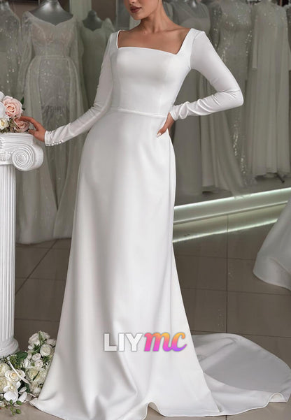 Minimalist Square Neck Long Sleeve Wedding Dress