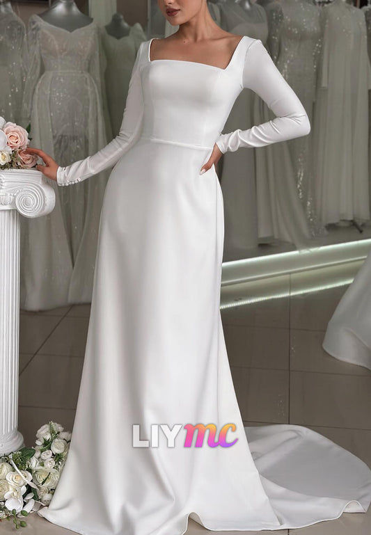 Minimalist Square Neck Long Sleeve Wedding Dress