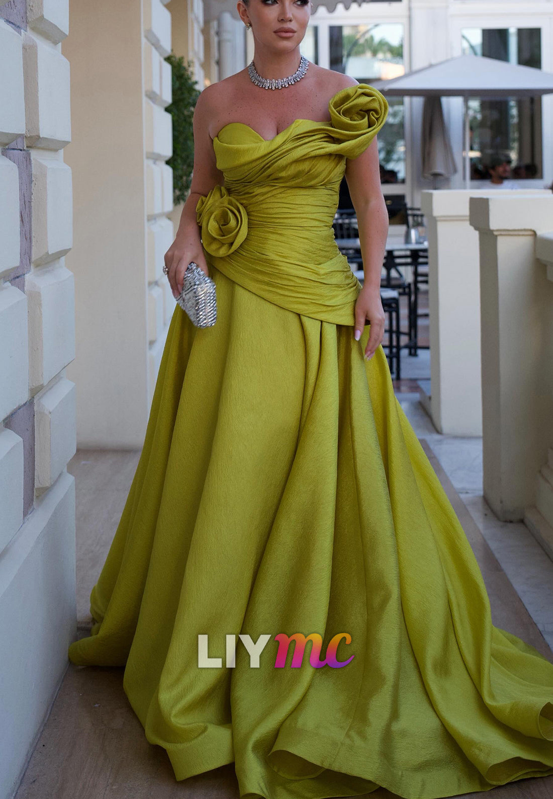 One Shoulder A-Line Gown with 3D Roses & Train