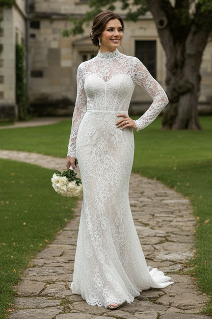 High Neck Lace Corset Mini Dress with Long Sleeves