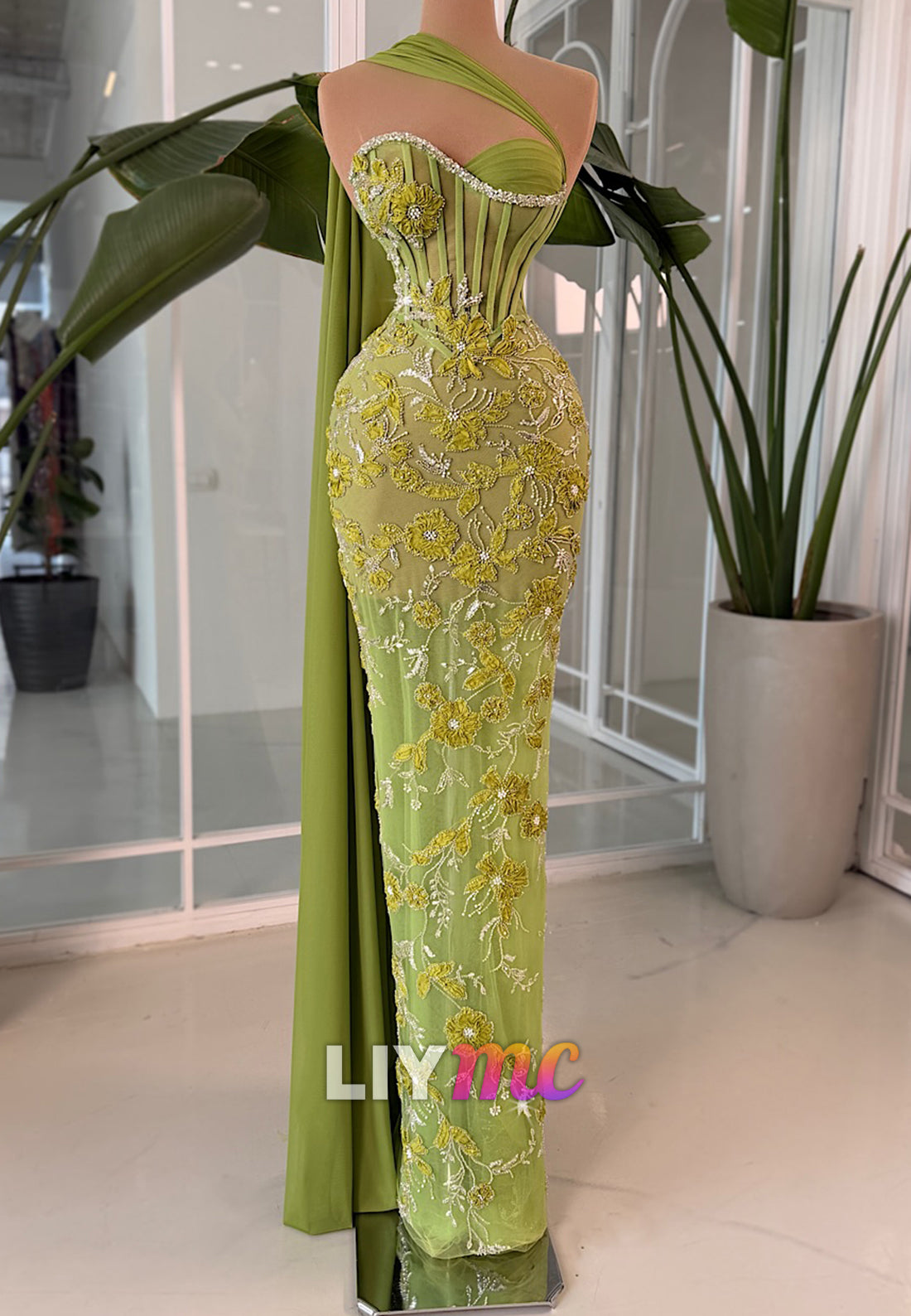 One-Shoulder Floral Applique Corset Evening Gown