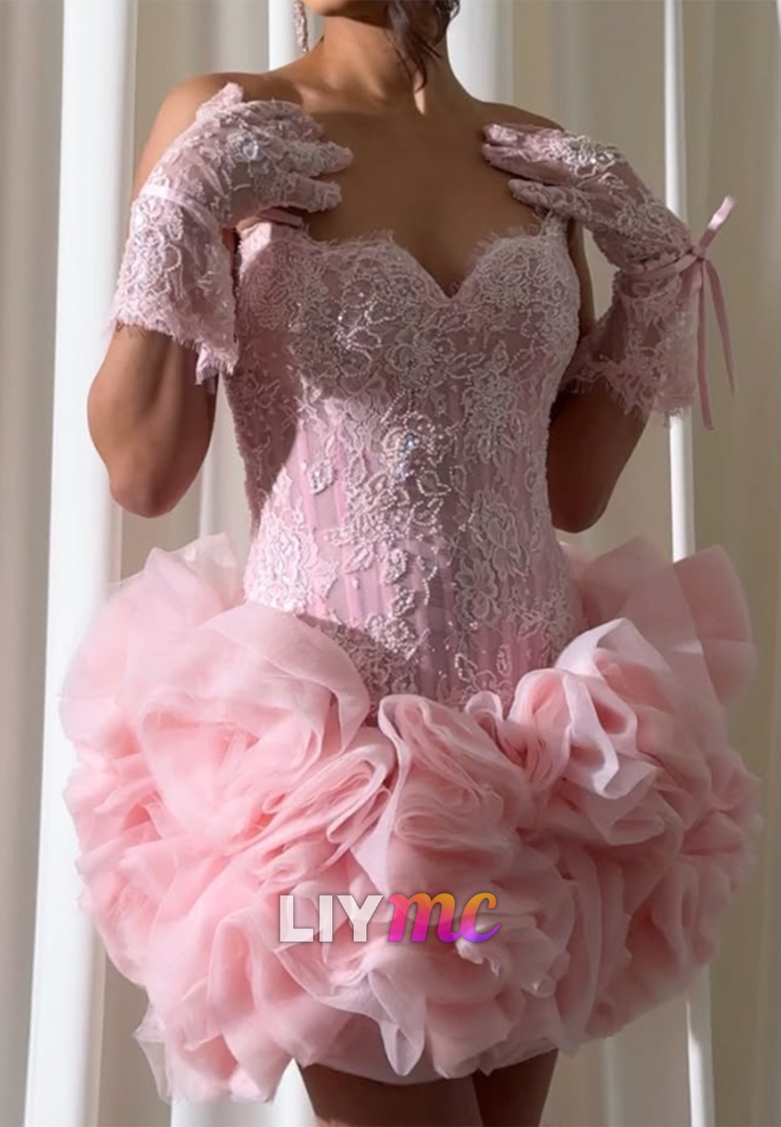 Lace Corset Mini Dress with Voluminous Ruffle Skirt