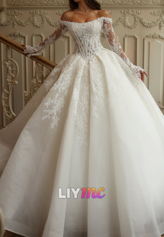 Off-Shoulder Lace Corset Ball Gown Wedding Dress