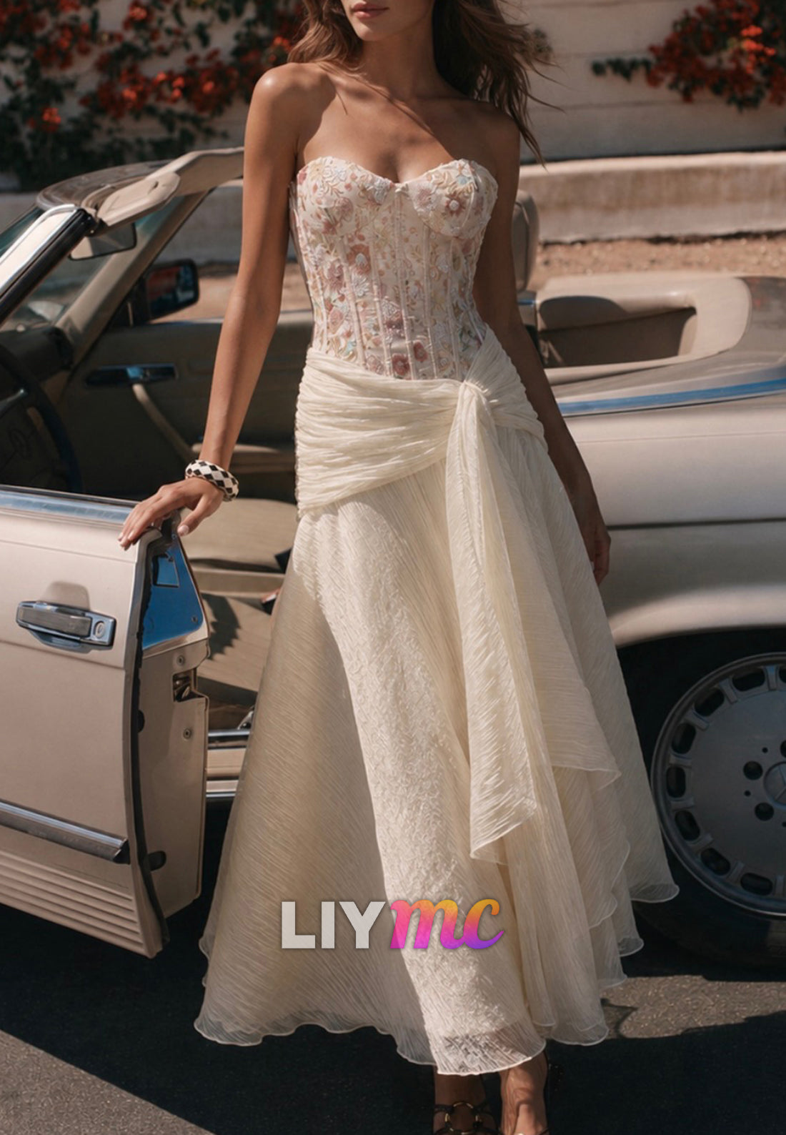 Strapless Floral Corset Chiffon Wedding Dress