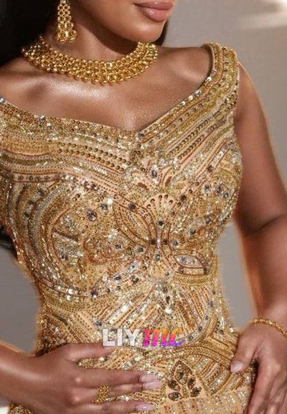 Beaded Sequin Dropped Waist Evening Gown