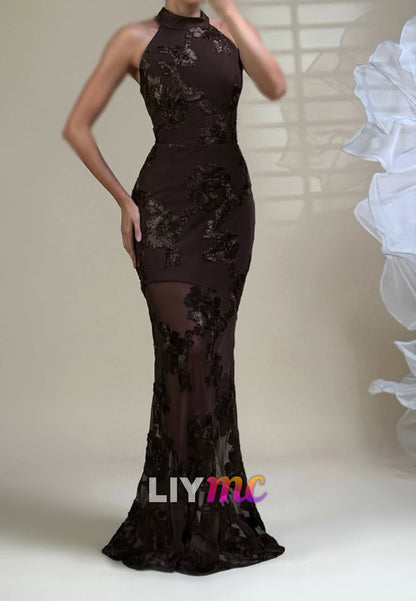 High Neck Floral Appliqué Mermaid Gown