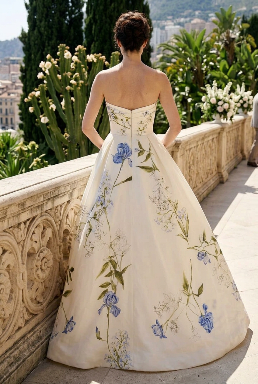 Strapless Floral Print A-Line Ball Gown