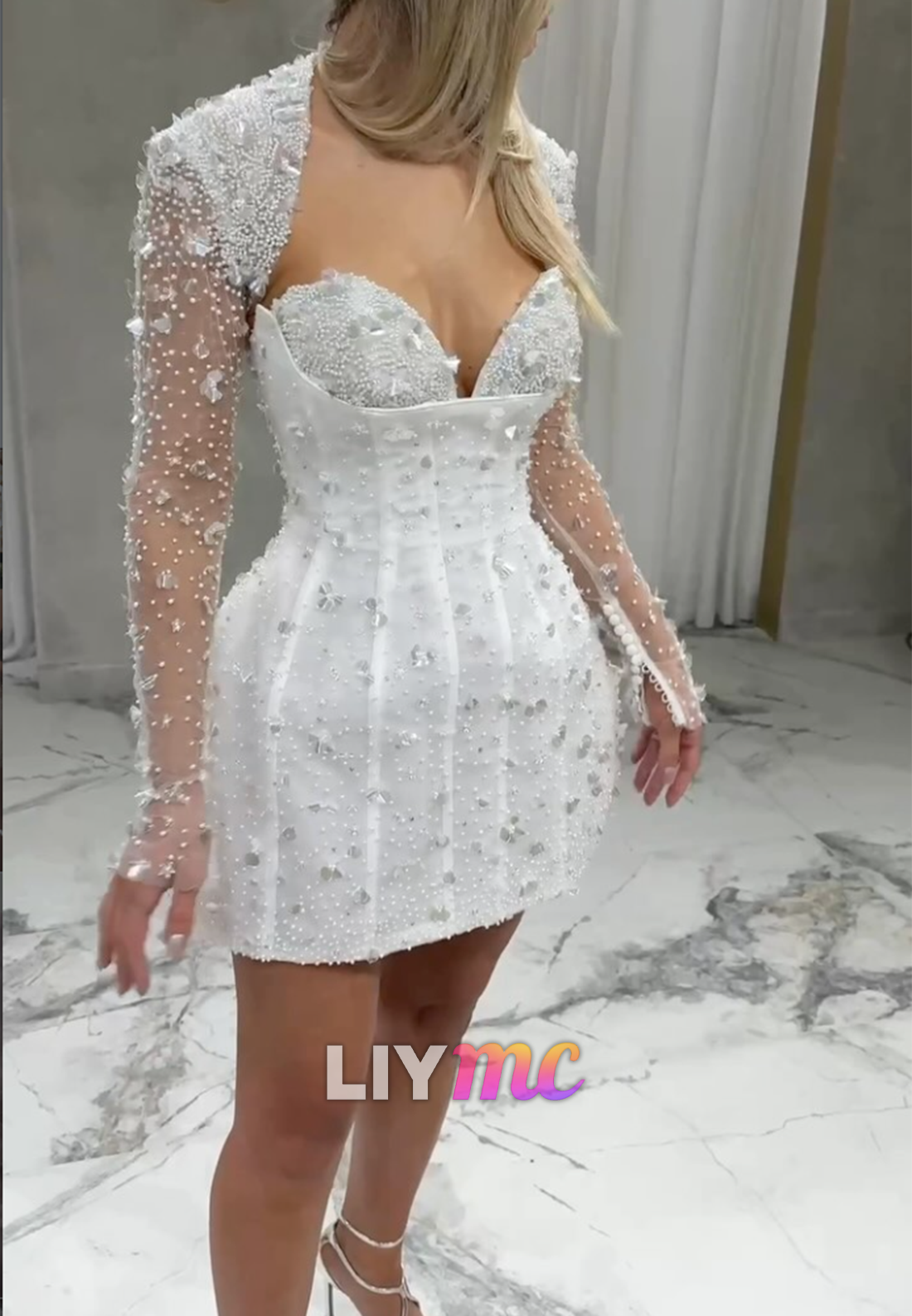 Pearl Beaded Mini Dress with Sheer Bolero Jacket