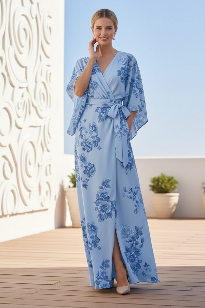 Floral Print Wrap Maxi Dress with Flutter Sleeves