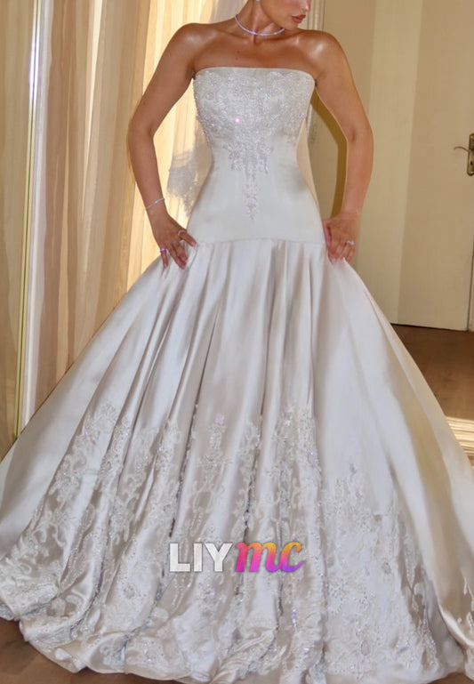Strapless Beaded Satin Ball Gown Wedding Dress