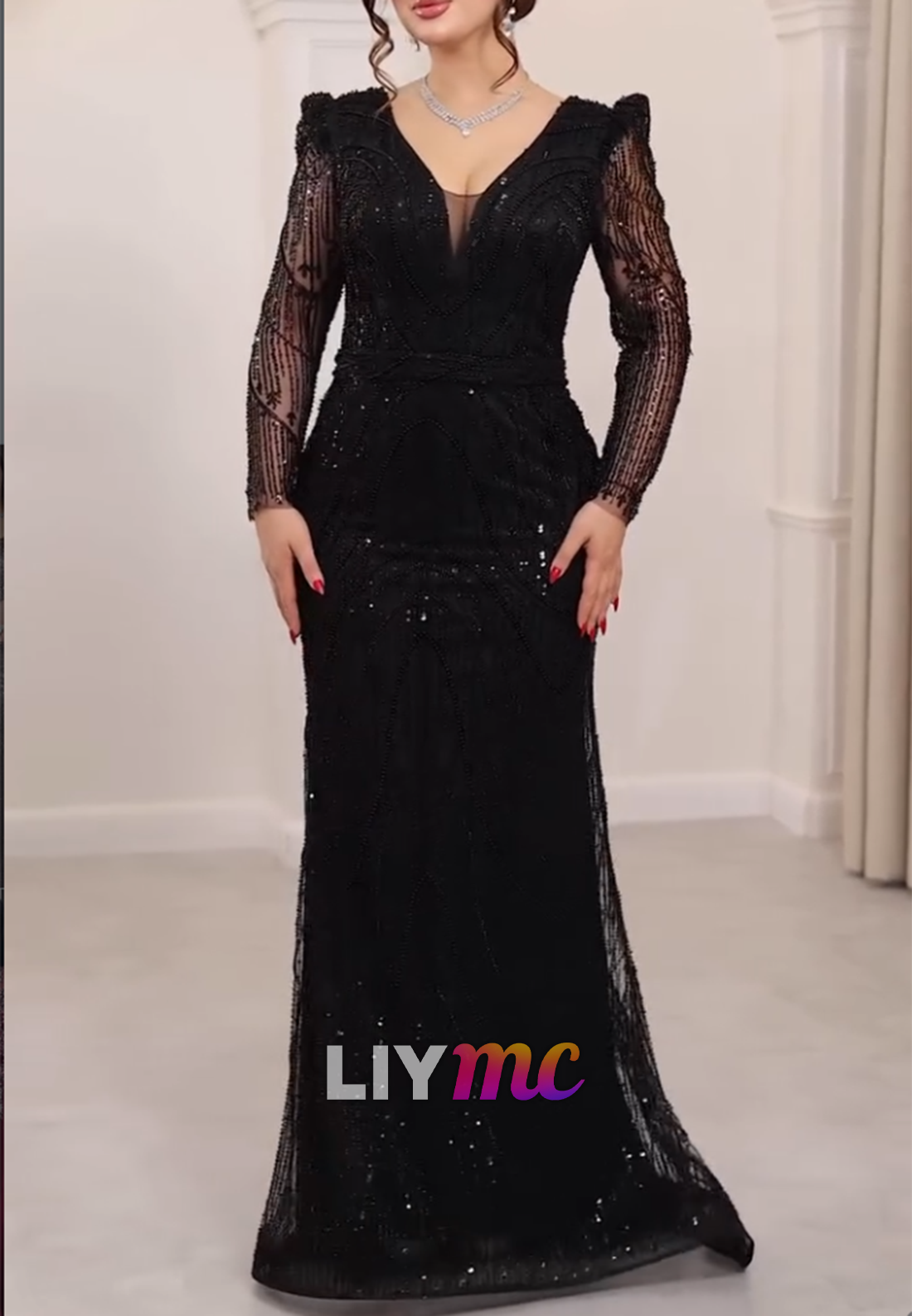 Beaded Sequin Mermaid Evening Gown Long Sleeve