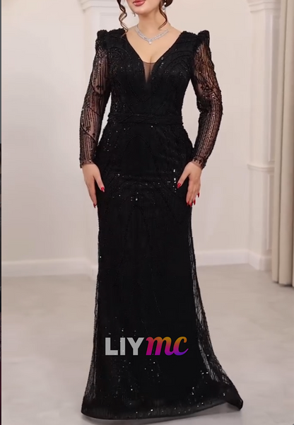 Beaded Sequin Mermaid Evening Gown Long Sleeve
