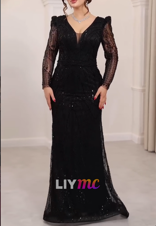 Beaded Sequin Mermaid Evening Gown Long Sleeve