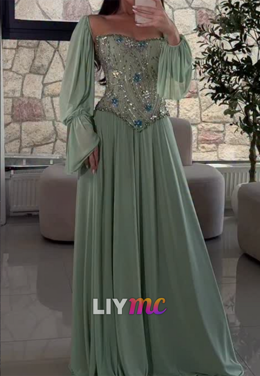 Off-The-Shoulder Beaded Corset A-Line Gown