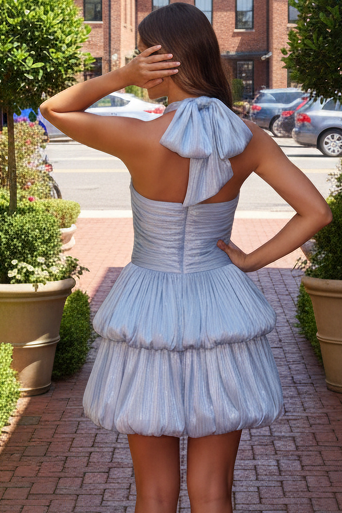 Metallic Halter Tiered Bubble Skirt Mini Dress