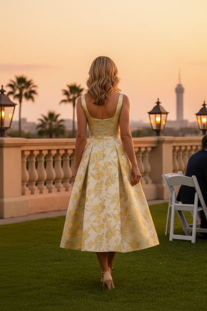 Square Neck Floral Pleated A-Line Midi Dress