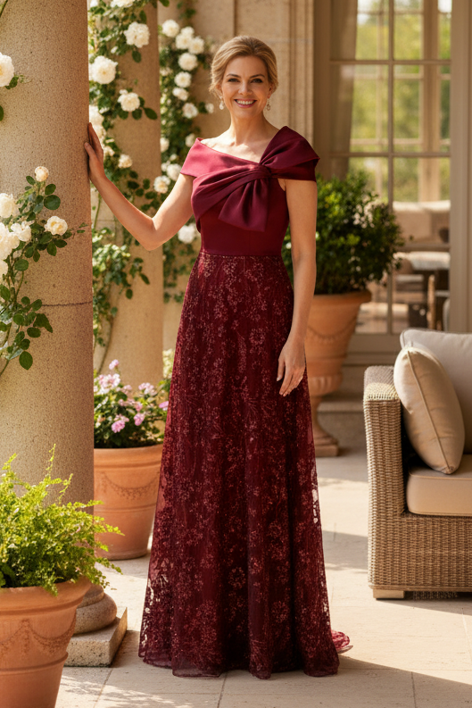 Off-the-Shoulder Satin and Sequin A-Line Gown