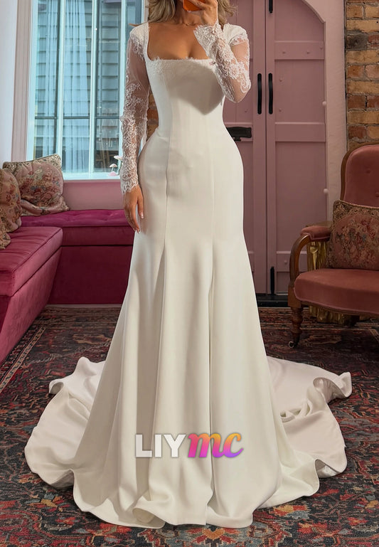 Square Neck Illusion Lace Long Sleeve Mermaid Wedding Gown