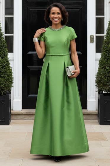 Beaded Collar Satin A-Line Evening Gown with Pockets