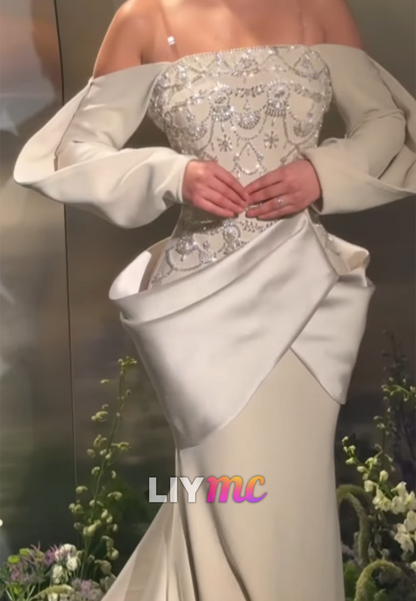 Beaded Bodice Off-Shoulder Gown with Peplum Drape