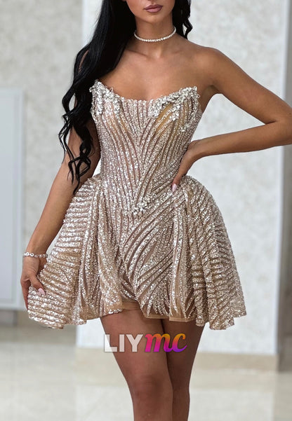 Strapless Sequin Fit and Flare Mini Party Dress